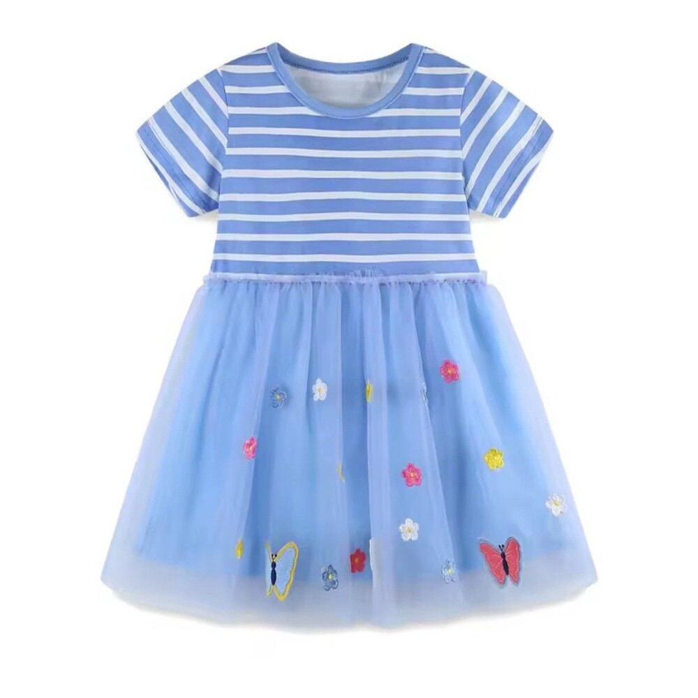 Girls Striped Tulle Dress with Butterfly and Flower Appliques